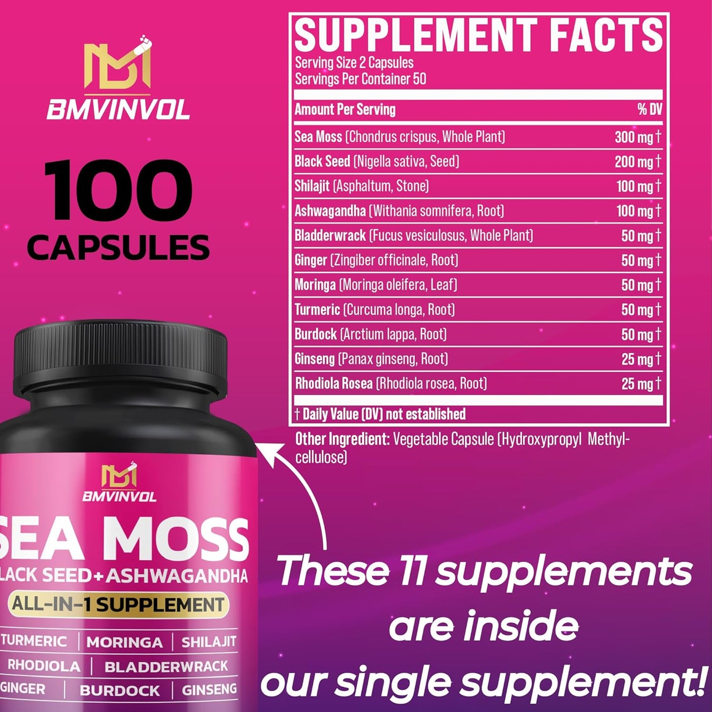 Sea Moss Black Seed Shilajit Ashwagandha Capsules with Bladderwrack, Ginger, Moringa, Turmeric, Burdock, Ginseng, Rhodiola Rosea