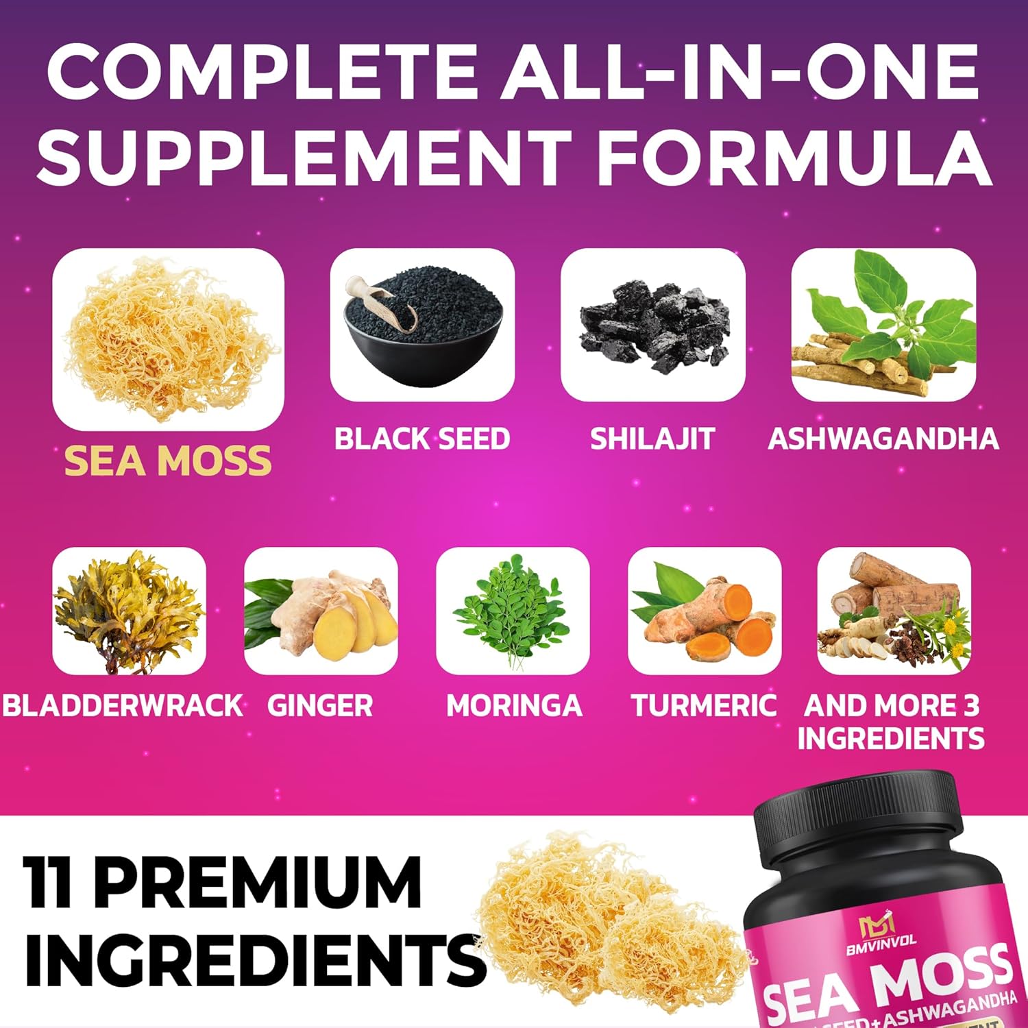 Sea Moss Black Seed Shilajit Ashwagandha Capsules with Bladderwrack, Ginger, Moringa, Turmeric, Burdock, Ginseng, Rhodiola Rosea