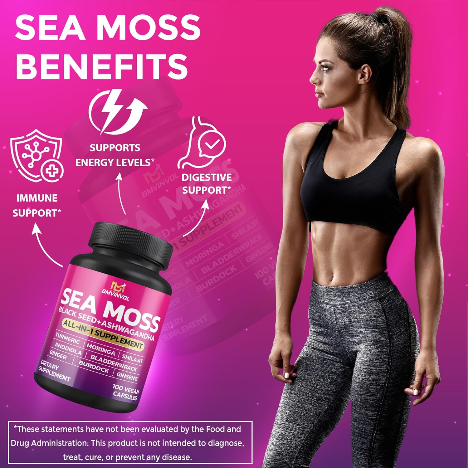 Sea Moss Black Seed Shilajit Ashwagandha Capsules with Bladderwrack, Ginger, Moringa, Turmeric, Burdock, Ginseng, Rhodiola Rosea