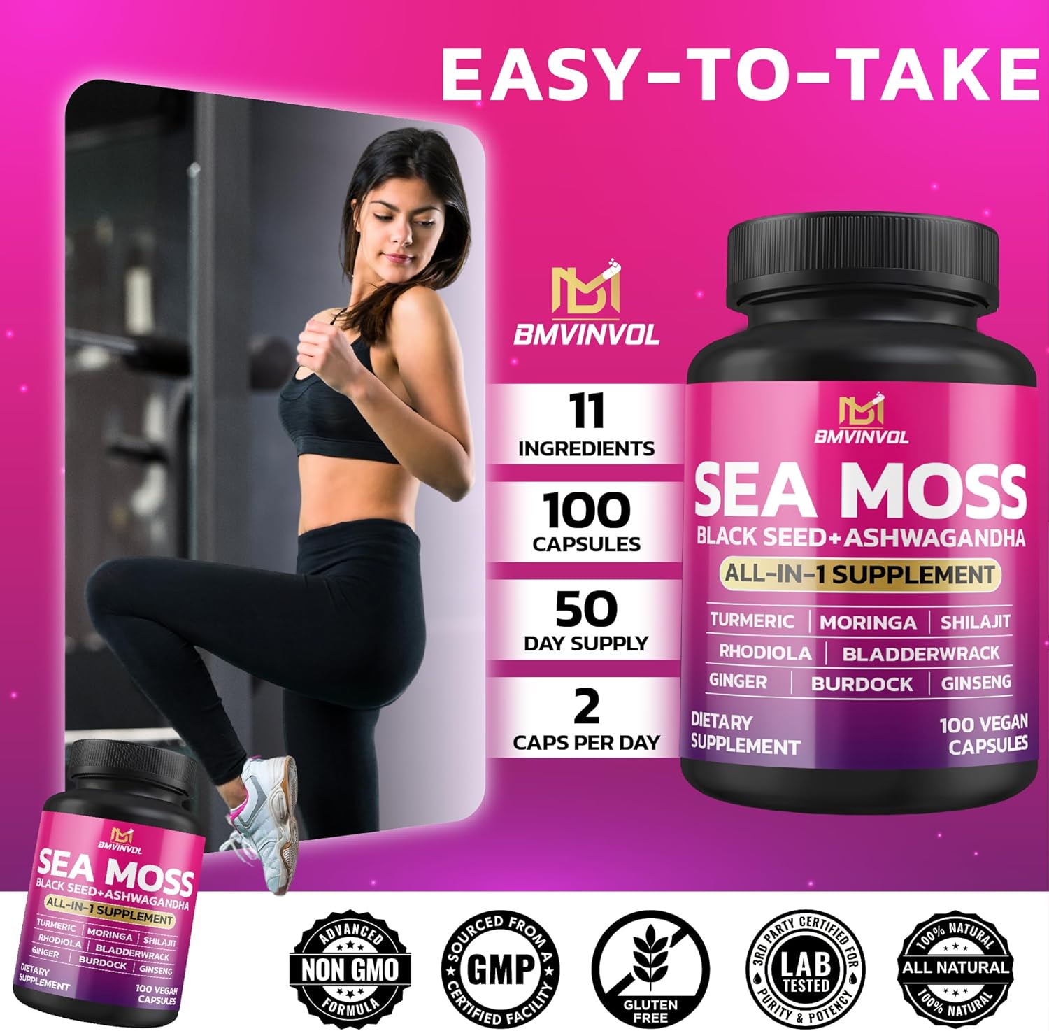 Sea Moss Black Seed Shilajit Ashwagandha Capsules with Bladderwrack, Ginger, Moringa, Turmeric, Burdock, Ginseng, Rhodiola Rosea