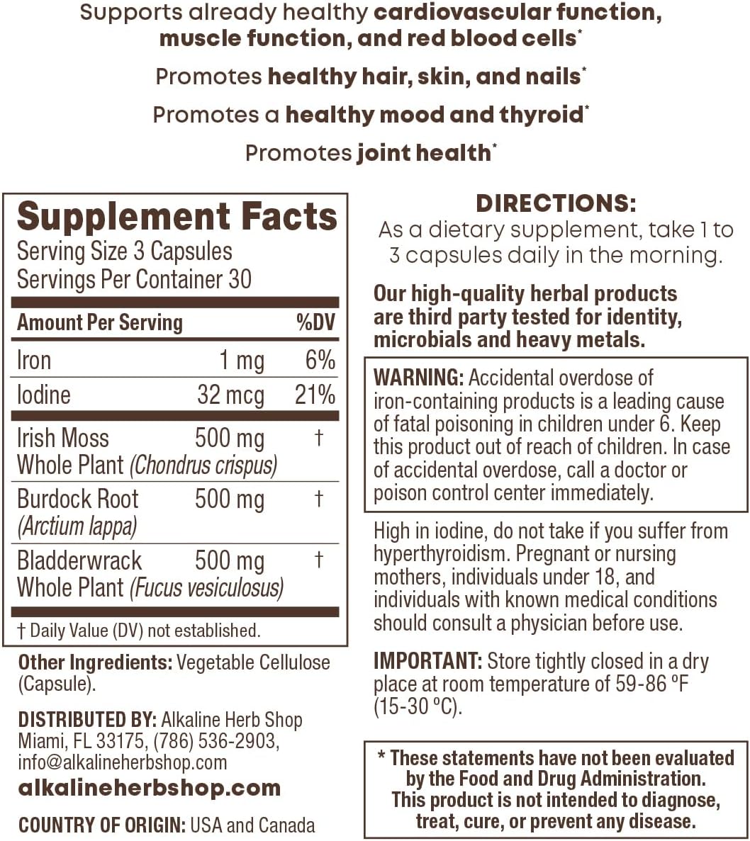 Sea Moss, Burdock Root, and Bladderwrack Supplement - Alkaline Herb Shop - 90 Capsules