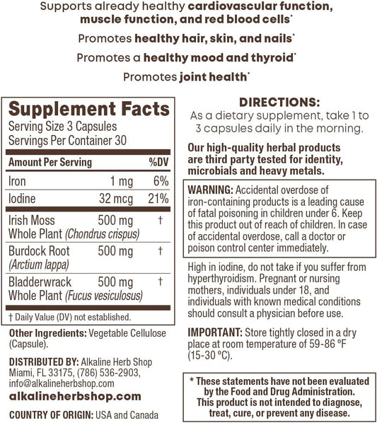 Sea Moss, Burdock Root, and Bladderwrack Supplement - Alkaline Herb Shop - 90 Capsules