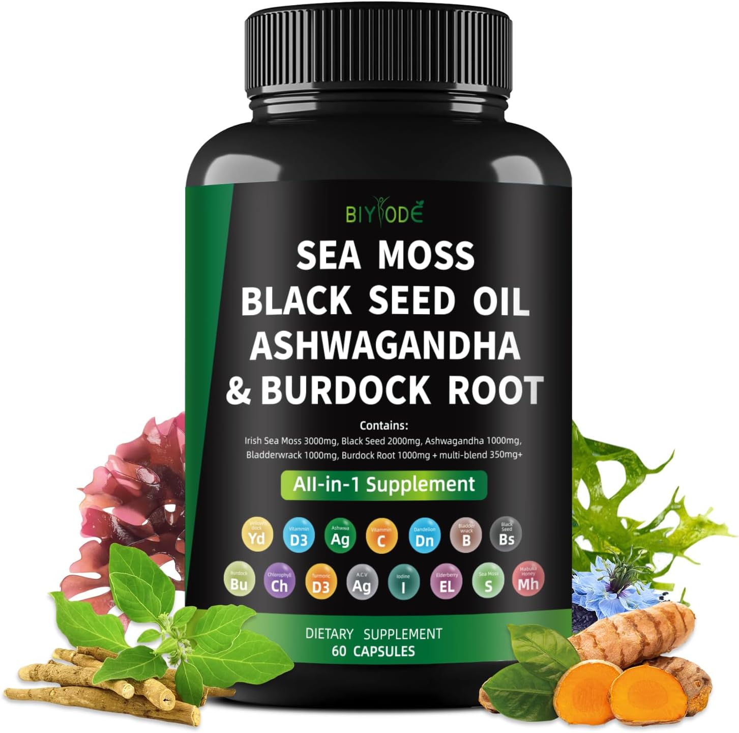 Sea Moss Capsules with Black Seed, Ashwagandha, Bladderwrack, and Burdock Root - 60 Capsules, 30 Day Supply