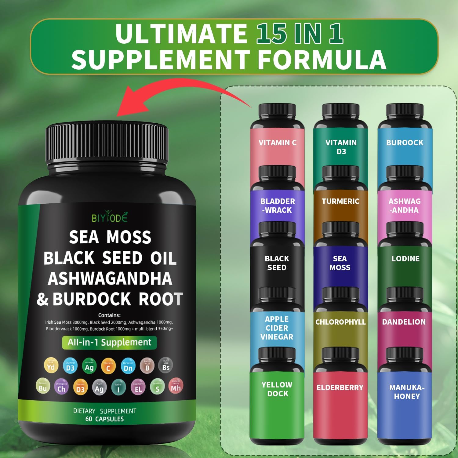 Sea Moss Capsules with Black Seed, Ashwagandha, Bladderwrack, and Burdock Root - 60 Capsules, 30 Day Supply