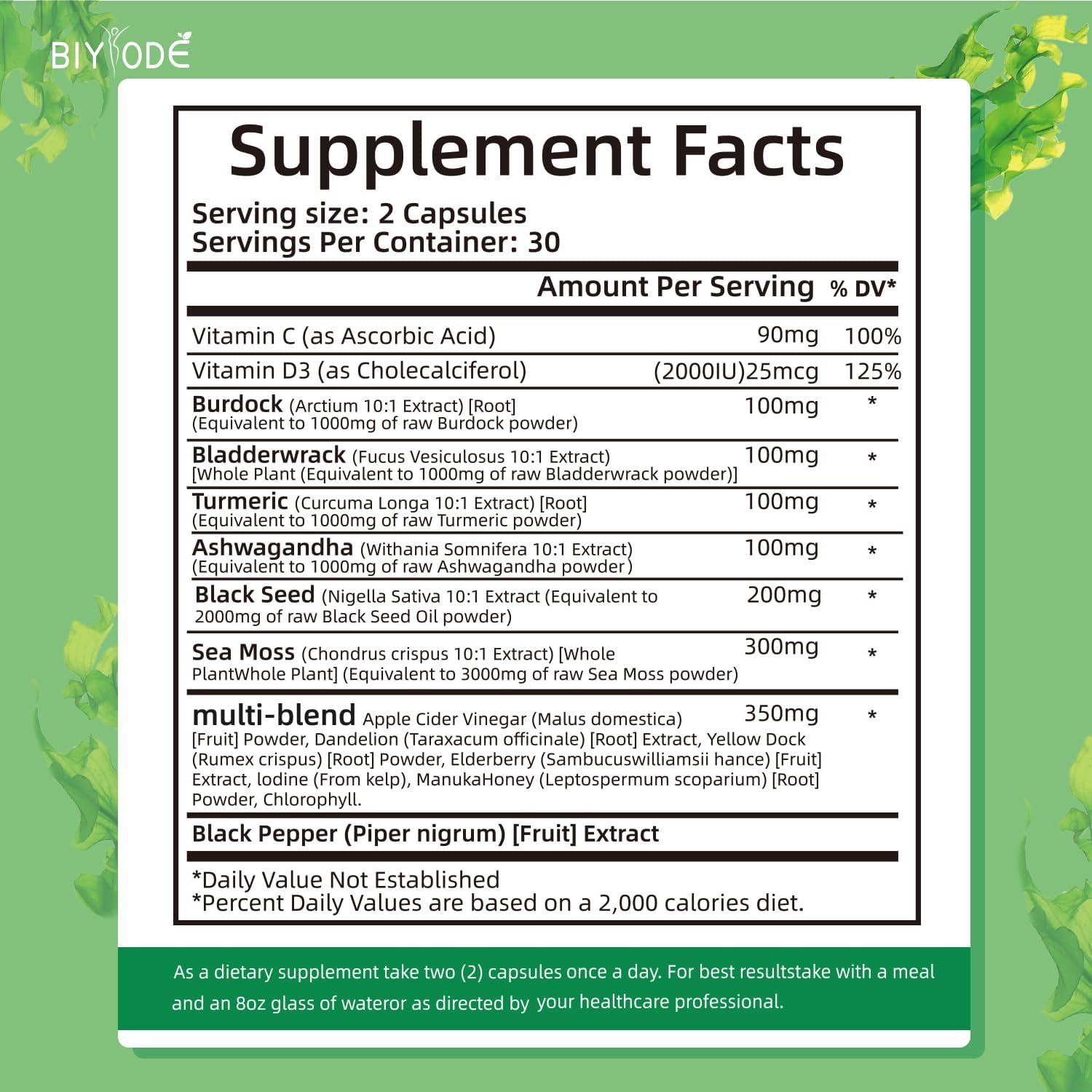 Sea Moss Capsules with Black Seed, Ashwagandha, Bladderwrack, and Burdock Root - 60 Capsules, 30 Day Supply