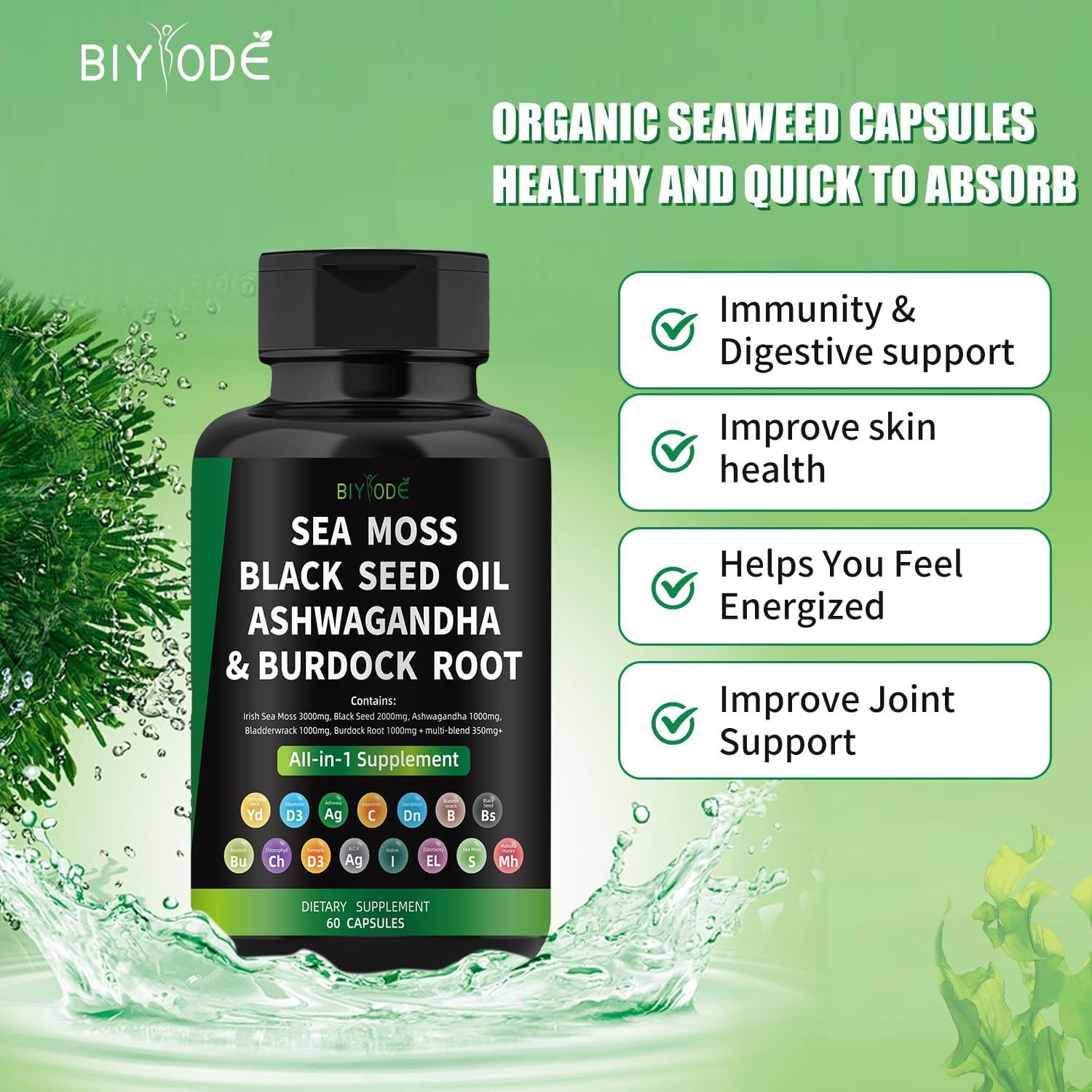 Sea Moss Capsules with Black Seed, Ashwagandha, Bladderwrack, and Burdock Root - 60 Capsules, 30 Day Supply