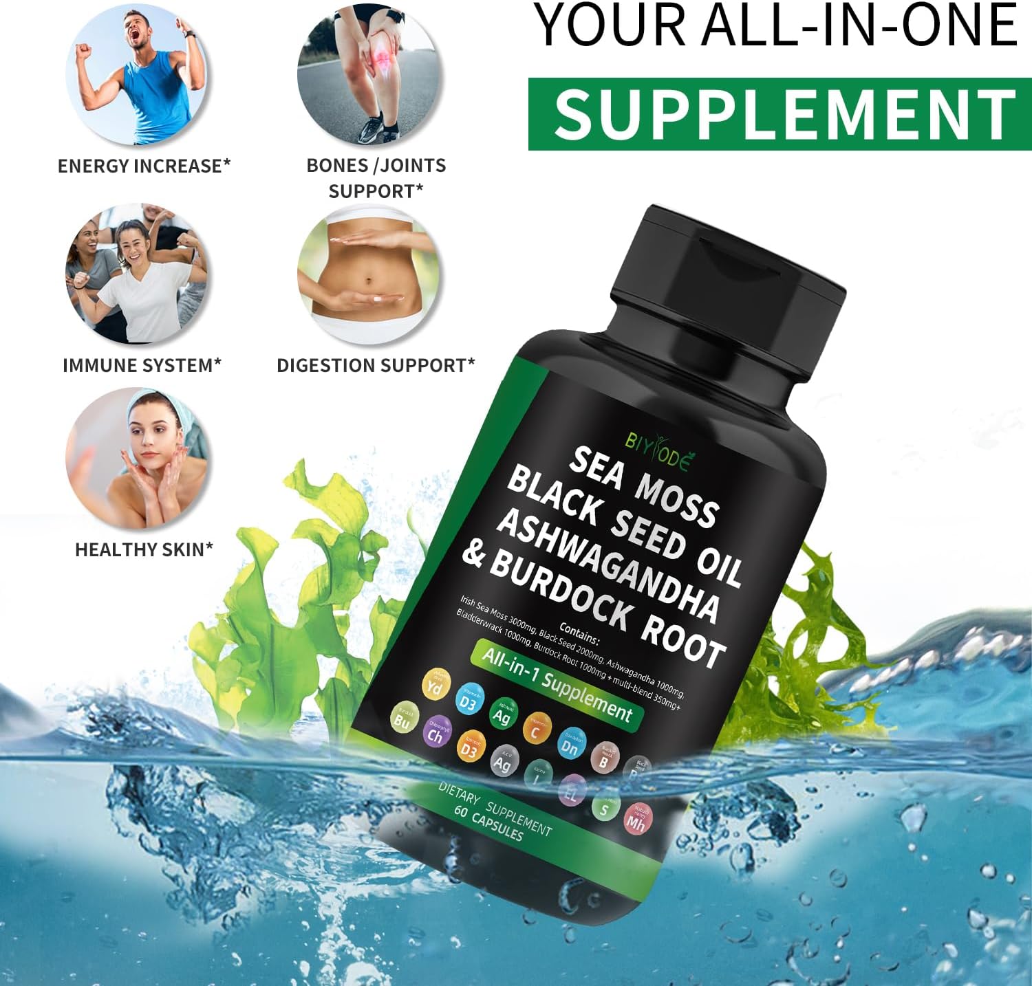 Sea Moss Capsules with Black Seed, Ashwagandha, Bladderwrack, and Burdock Root - 60 Capsules, 30 Day Supply