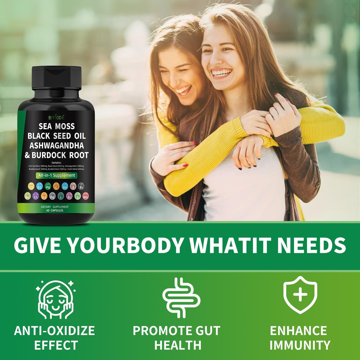 Sea Moss Capsules with Black Seed, Ashwagandha, Bladderwrack, and Burdock Root - 60 Capsules, 30 Day Supply