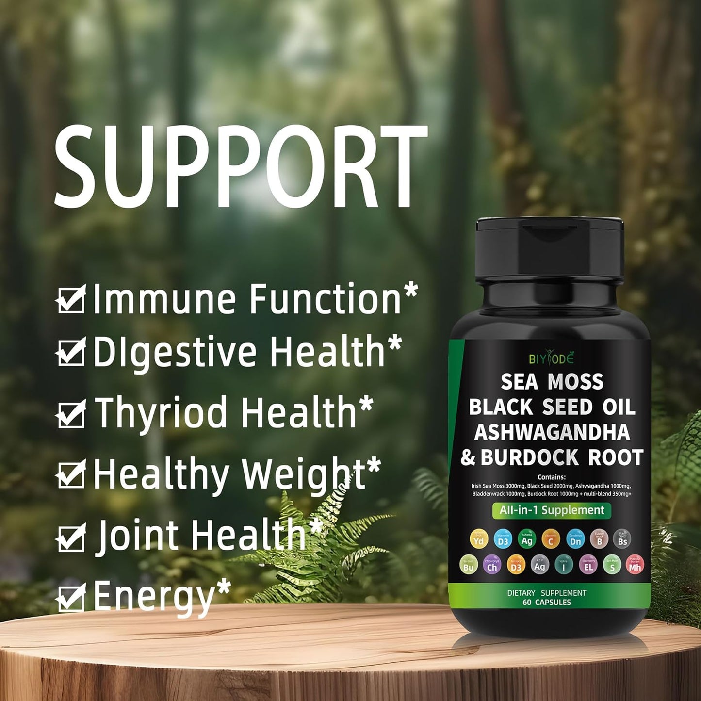 Sea Moss Capsules with Black Seed, Ashwagandha, Bladderwrack, and Burdock Root - 60 Capsules, 30 Day Supply