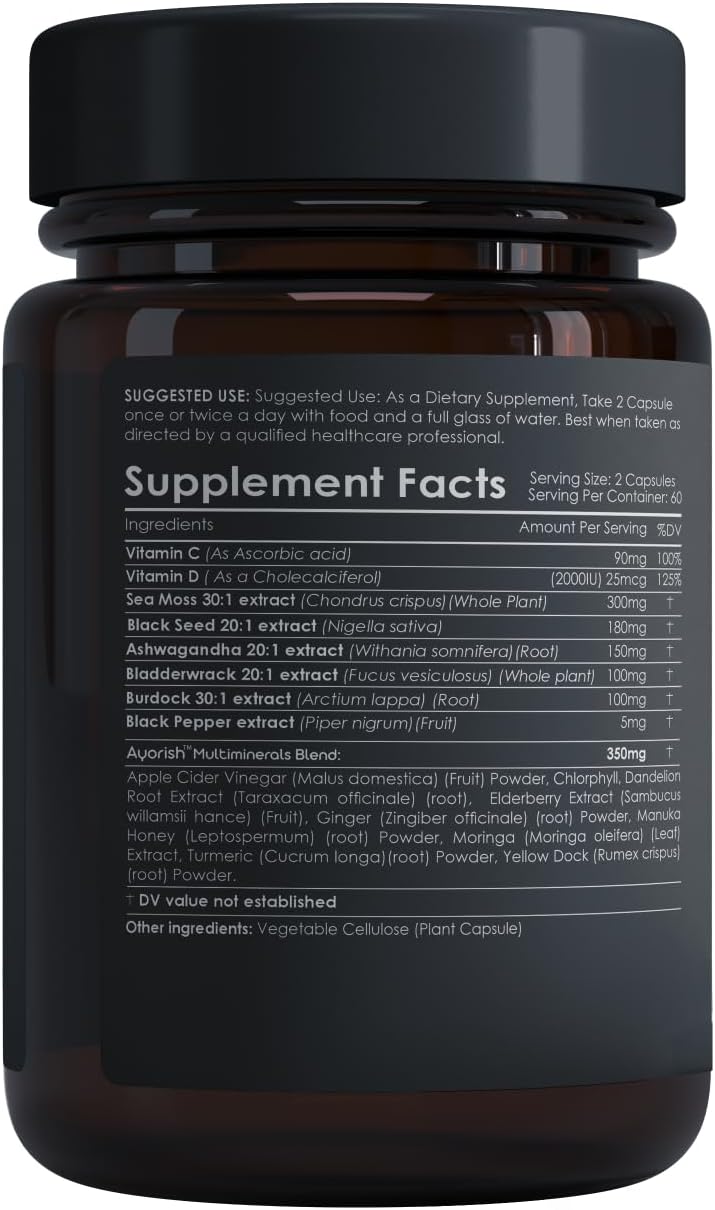 Sea Moss Capsules with Black Seed Oil, Ashwagandha, Bladderwrack, Burdock, Vitamin C & D3, Elderberry, Manuka, Dandelion, Yellow Dock, Chlorophyll, ACV, Moringa, and Ginger - 120 Count