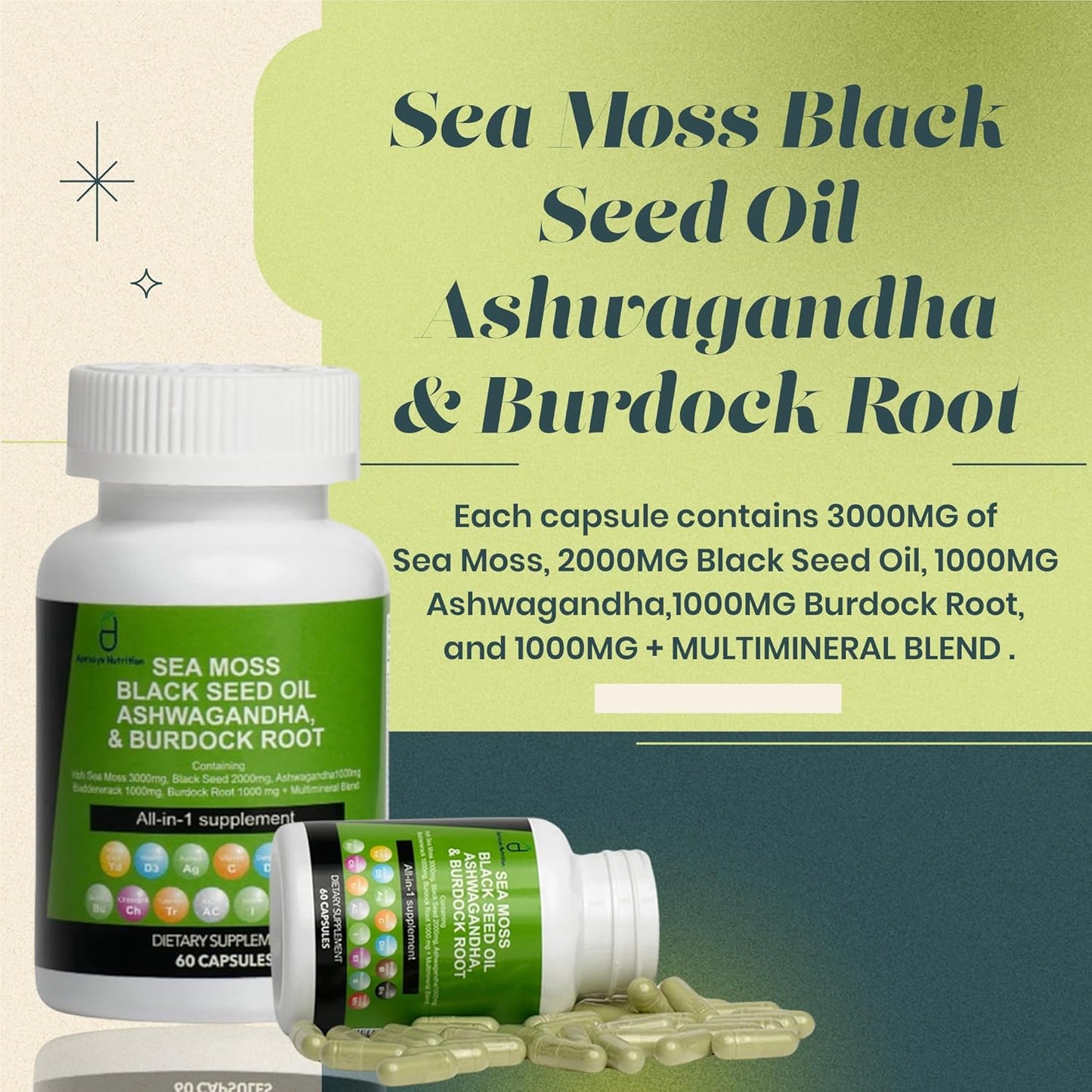 Sea Moss Capsules with Black Seed Oil, Ashwagandha, Burdock Root - 60 Capsules, Irish Moss Supplement with Vitamin C, D3, Manuka & Dandelion - Multi Minerals