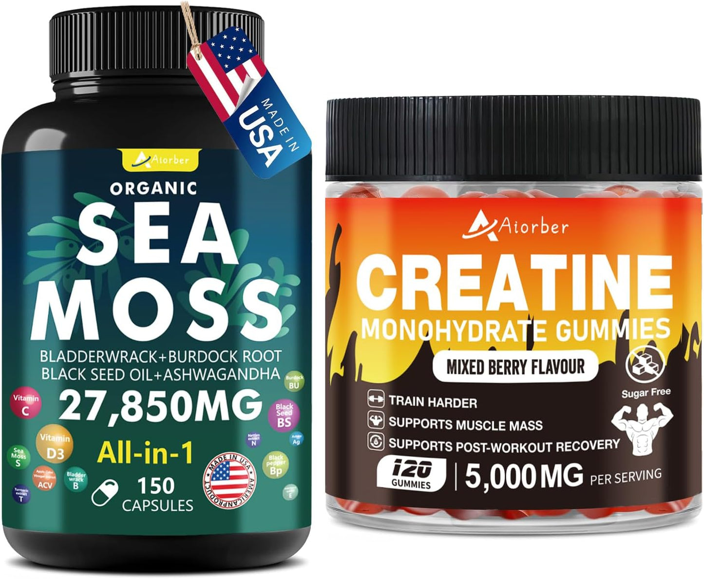 Sea Moss Capsules with Creatine Monohydrate Gummies Bundle - 150 Capsules & 120 Capsules