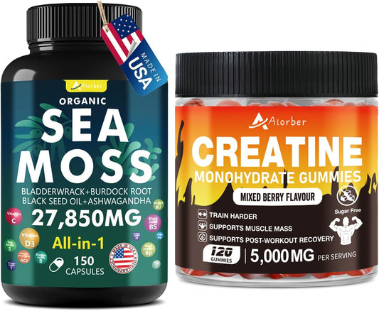 Sea Moss Capsules with Creatine Monohydrate Gummies Bundle - 150 Capsules & 120 Capsules