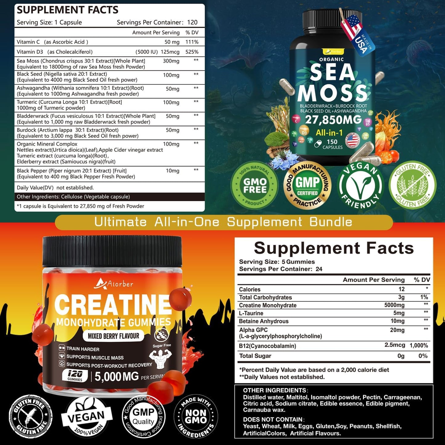 Sea Moss Capsules with Creatine Monohydrate Gummies Bundle - 150 Capsules & 120 Capsules