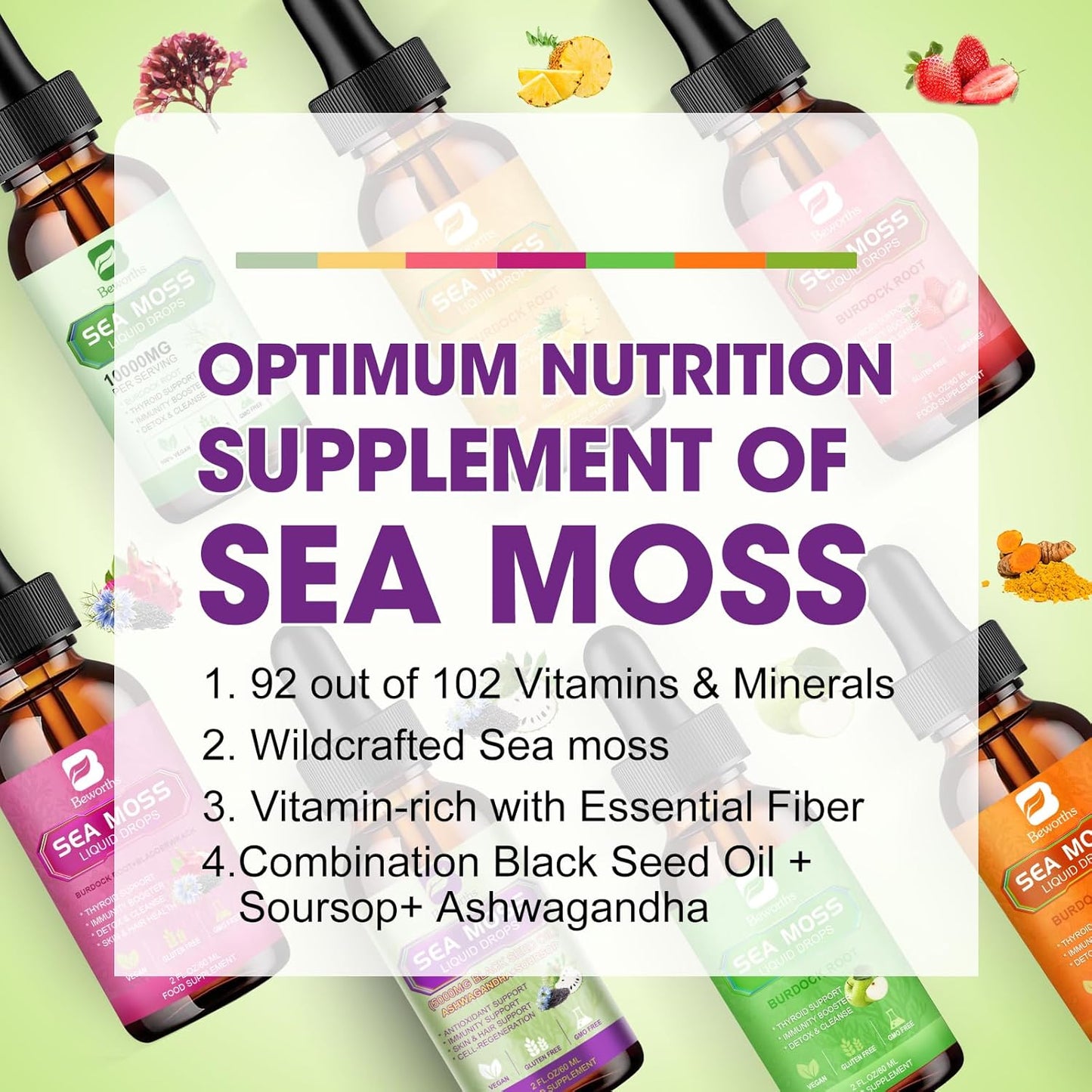 Sea Moss Liquid Drops with Black Seed Oil, Ashwagandha, Elderberry, Burdock Root - Multimineral Supplement for Antioxidant, Immune, Gut Health Support
