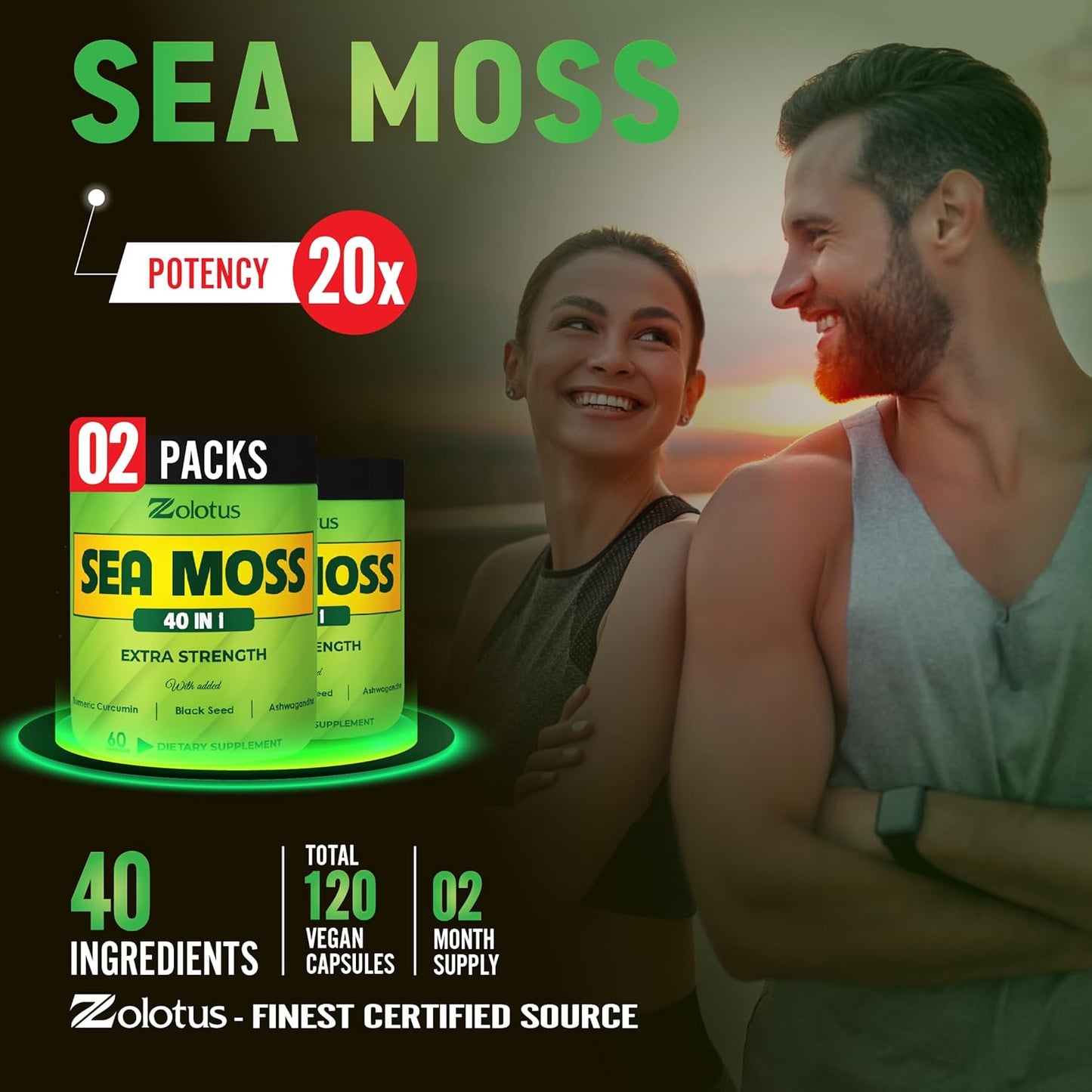 Sea Moss Supplement 40 in 1 with Turmeric, Ashwagandha, Bladderwrack - 2 Packs (60 Capsules) for Immune System, Body Balance, Heart Health