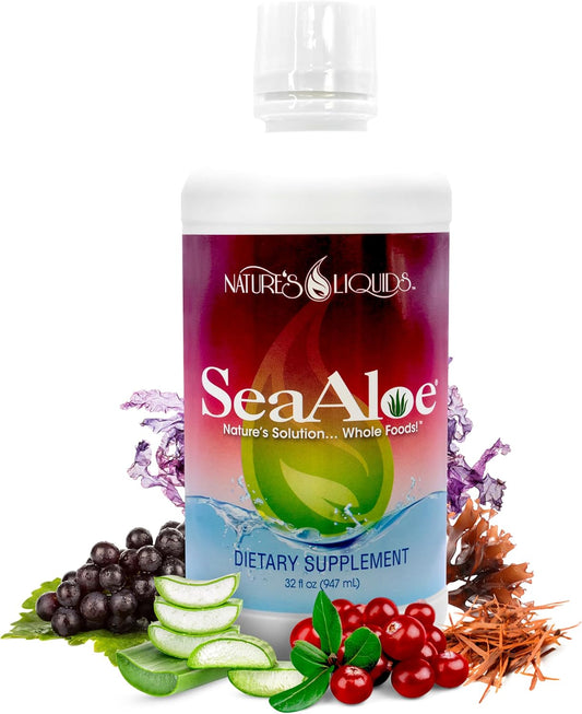 SeaAloe Liquid Whole Food Multivitamin & Mineral Supplement, 32 Oz Bottle - Aloe Vera, Sea Vegetables, Pau D’ Arco - Digestion, Immune Support, Thyroid Function - Nature’s Liquids