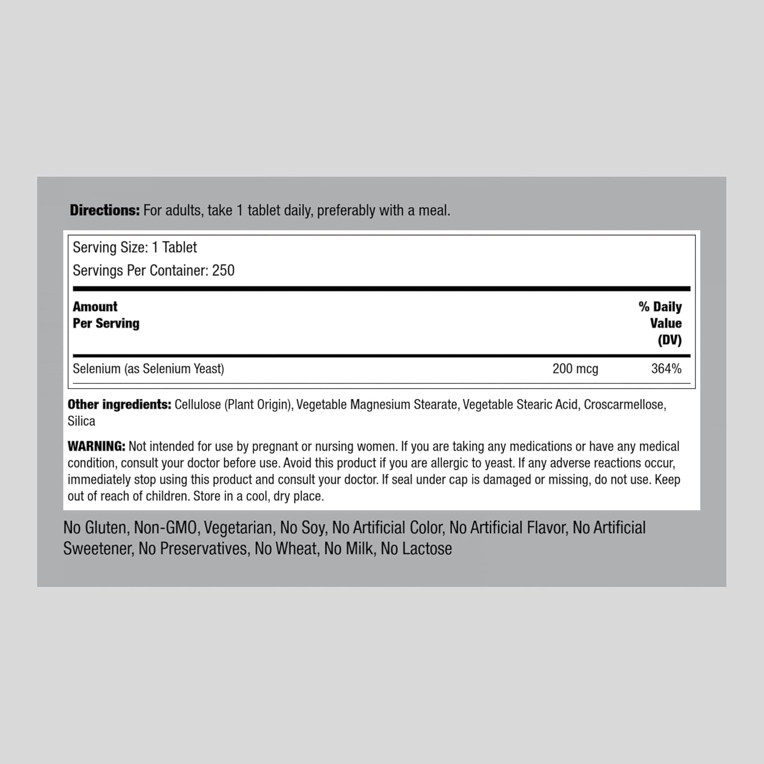 Selenium 200mcg Supplement Tablets - Vegetarian, Non-GMO, Gluten Free | Piping Rock - 250 Count