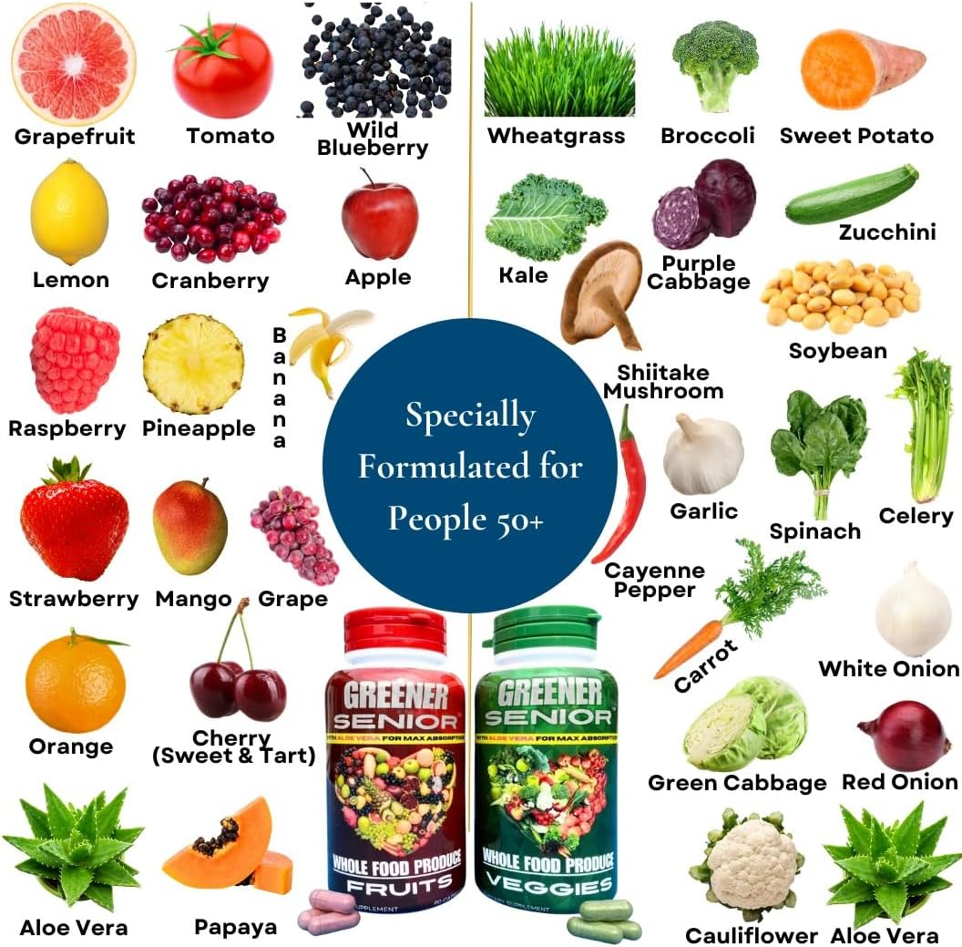 Senior Whole Food Supplement for Men and Women - 90 Fruit Capsules, 90 Veggie Capsules - Enhanced Absorption Formula - Greener Option