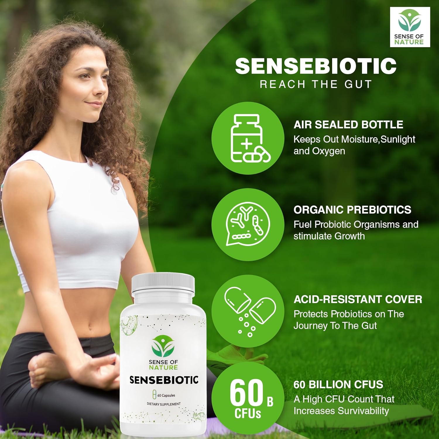 Sense of Nature Sensebiotic Gut Health Probiotics - 20 Billion CFUs for Women and Men - Prebiotic Dietary Supplement - 60 Capsules