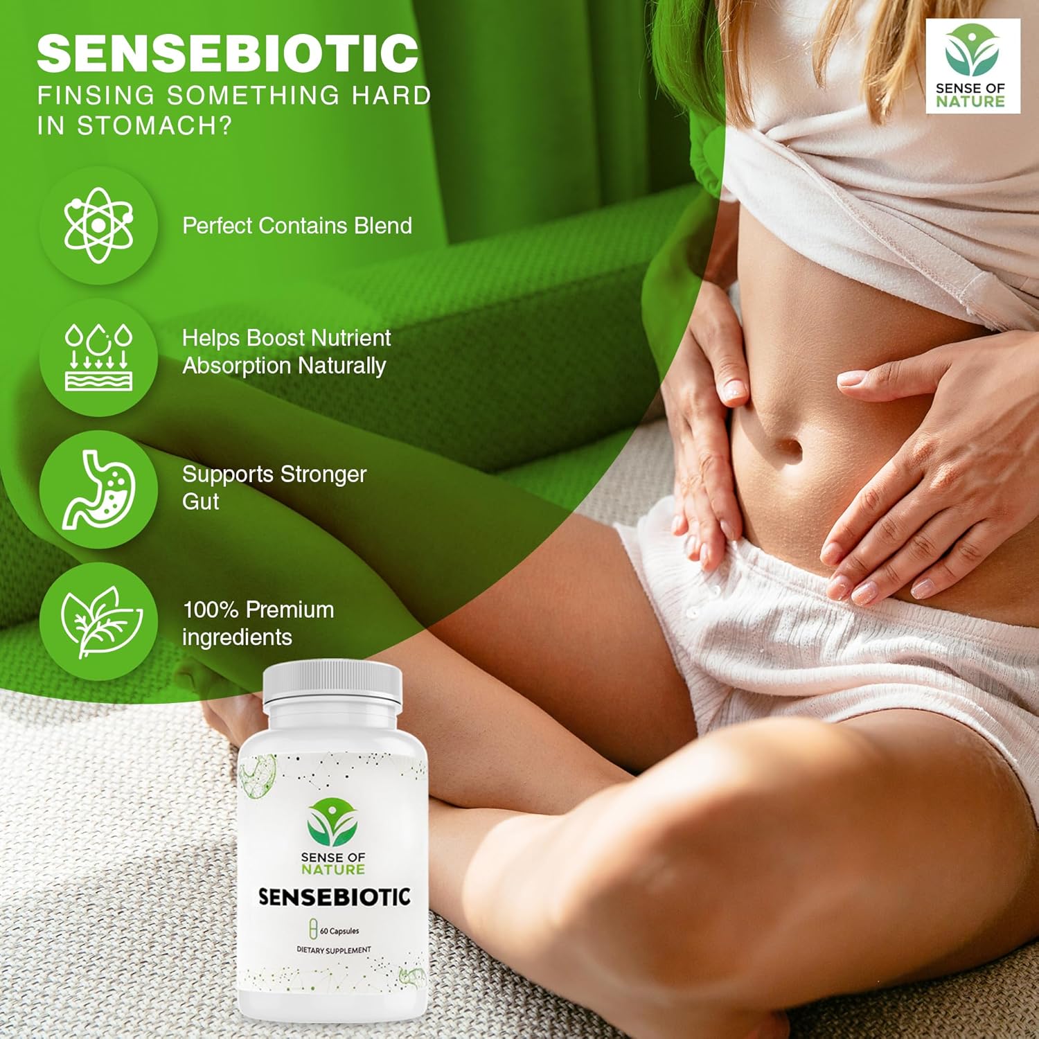 Sense of Nature Sensebiotic Gut Health Probiotics - 20 Billion CFUs for Women and Men - Prebiotic Dietary Supplement - 60 Capsules