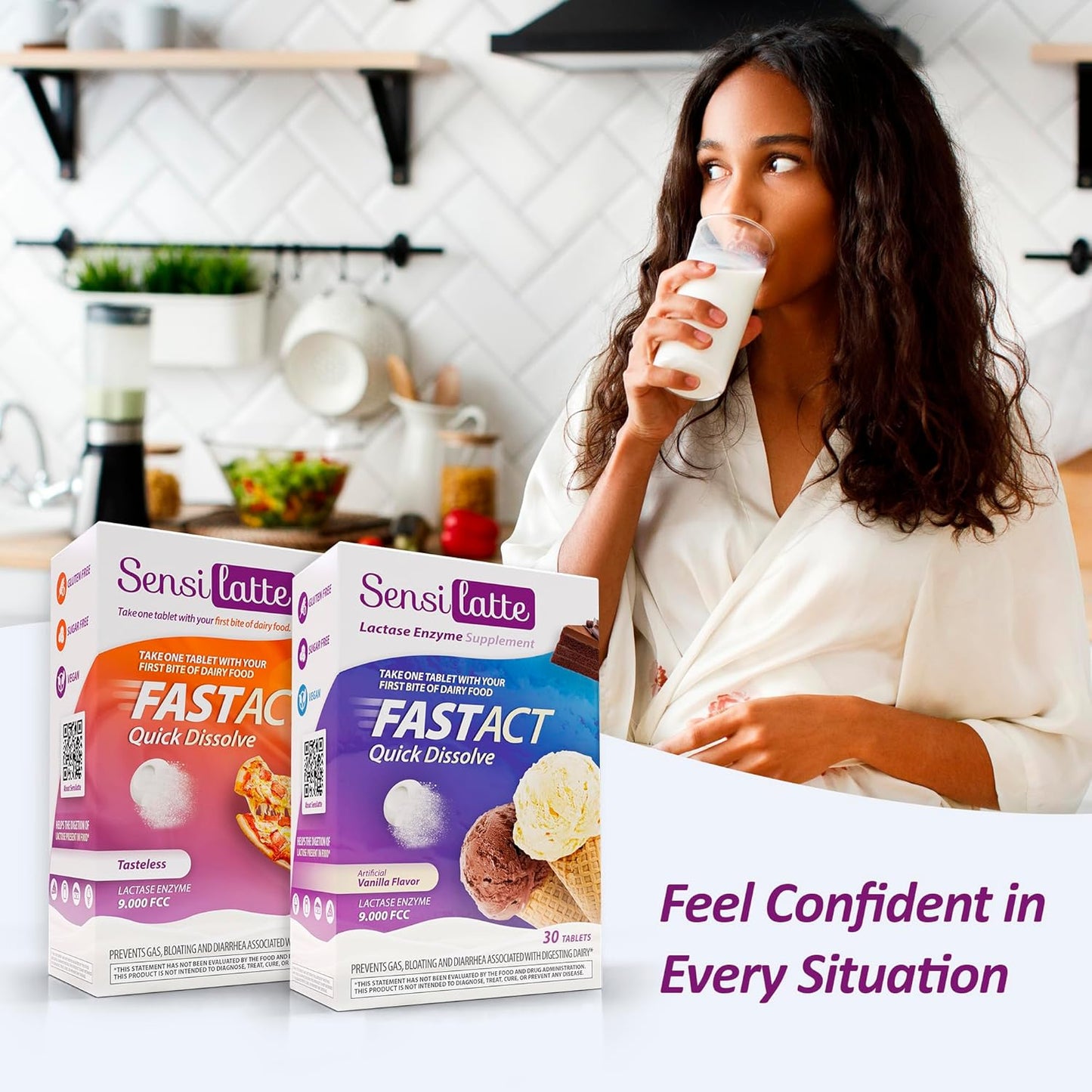 SENSI LATTE Lactase Enzyme Supplement - Fast-Acting Solution for Dairy Consumption - Vegan, Sugar Free, Gluten Free - 9,000 FCC Lactase Enzyme - Vanilla Flavor, 30 Tablets