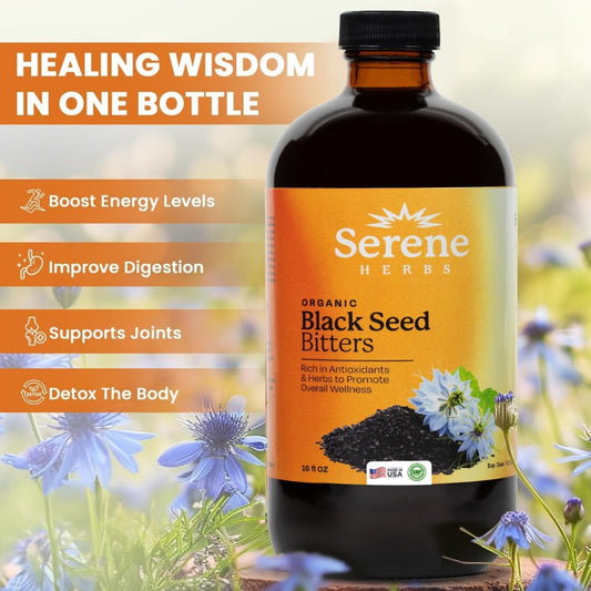 Serene Herbs Black Seed Bitters 16 oz - Immune Support, Joint Health, Digestion, Hair & Skin - Antioxidant Blend with Black Seed, Milk Thistle, Sea Moss, Dandelion Root, Ginger, Cayenne, Moringa