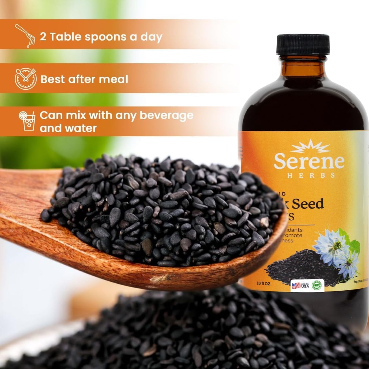 Serene Herbs Black Seed Bitters 16 oz - Immune Support, Joint Health, Digestion, Hair & Skin - Antioxidant Blend with Black Seed, Milk Thistle, Sea Moss, Dandelion Root, Ginger, Cayenne, Moringa