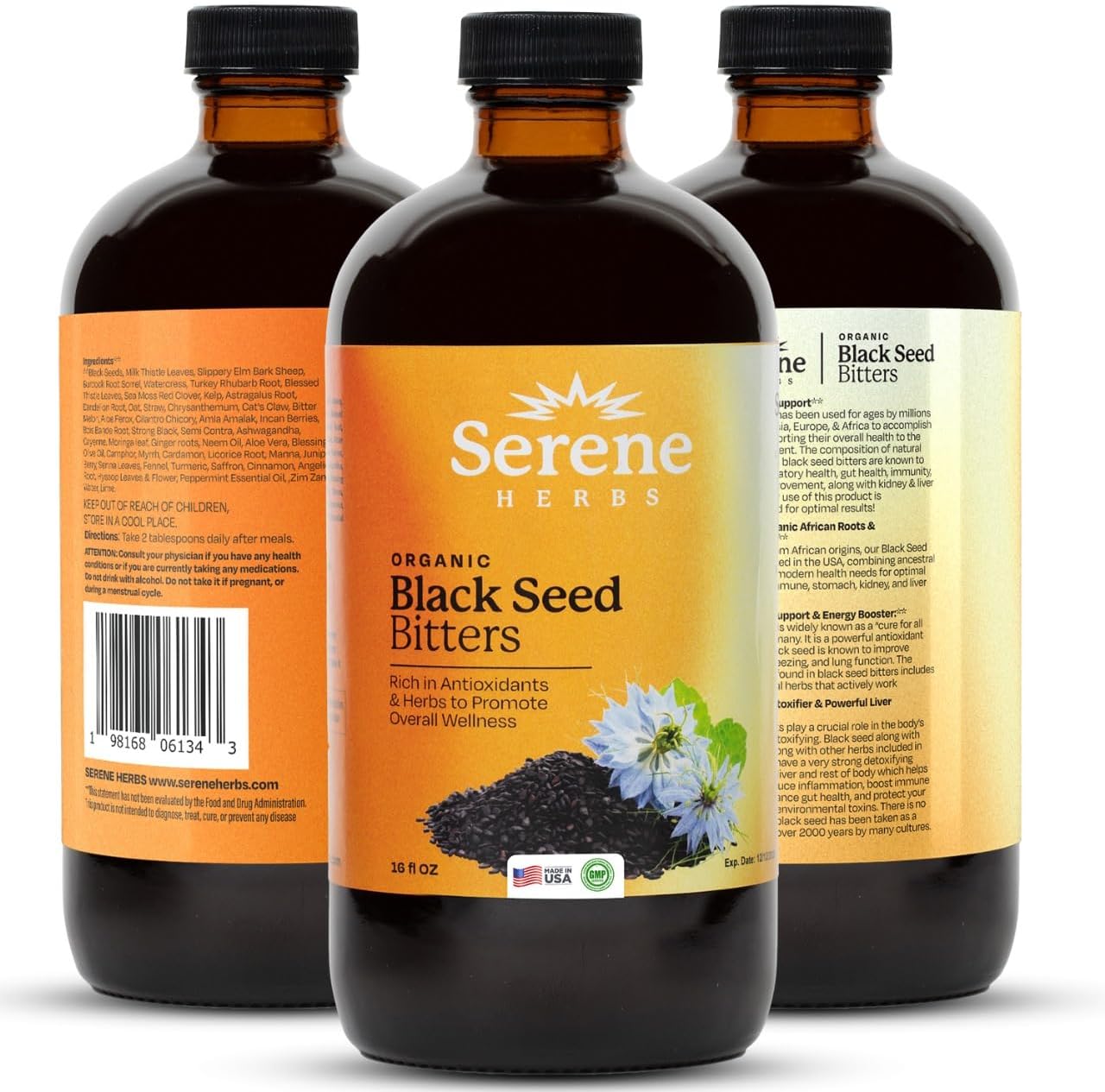 Serene Herbs Black Seed Bitters 16 oz - Immune Support, Joint Health, Digestion, Hair & Skin - Antioxidant Blend with Black Seed, Milk Thistle, Sea Moss, Dandelion Root, Ginger, Cayenne, Moringa