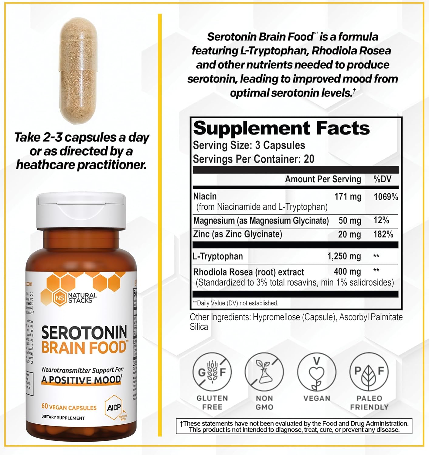 Serotonin Brain Food Supplement for Mood Support and Stress Relief - 1250mg L-Tryptophan & 400mg Rhodiola Rosea - Neurotransmitter Support with Magnesium Glycinate & Zinc - 120 Capsules