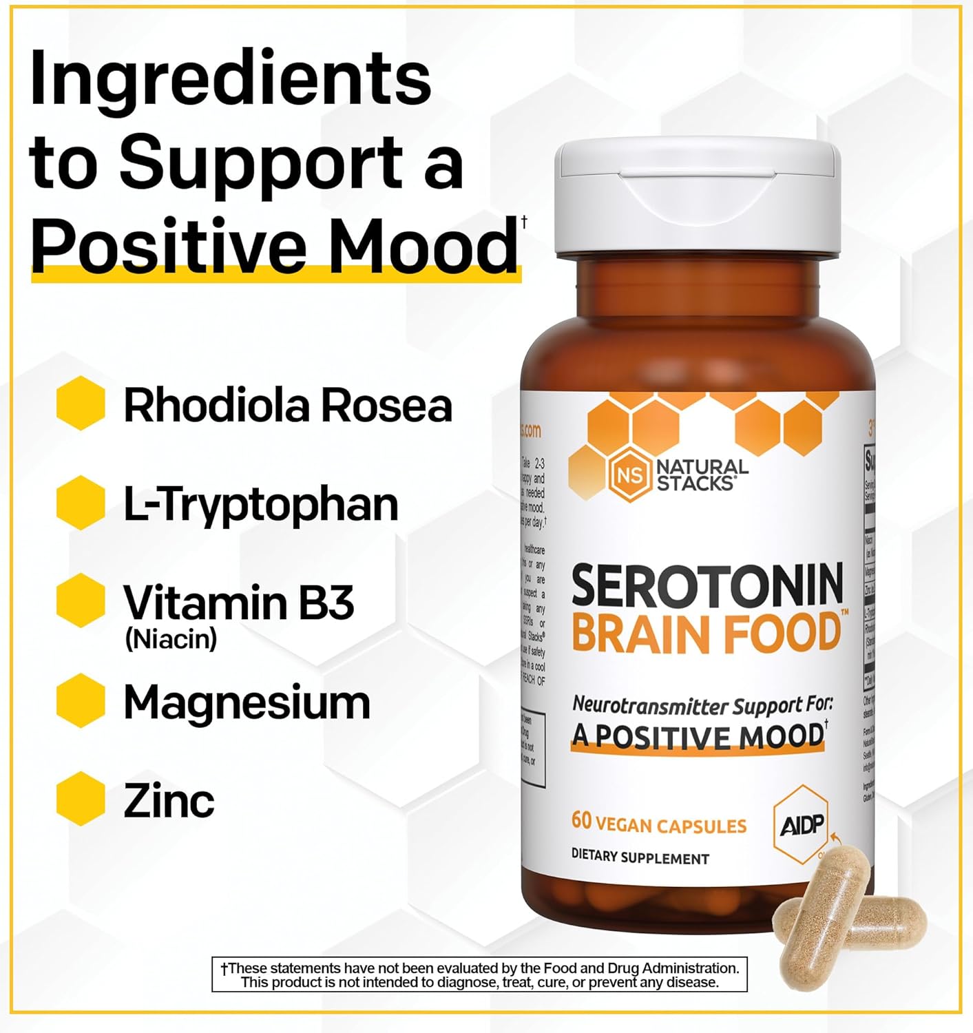 Serotonin Brain Food Supplement for Mood Support and Stress Relief - 1250mg L-Tryptophan & 400mg Rhodiola Rosea - Neurotransmitter Support with Magnesium Glycinate & Zinc - 120 Capsules