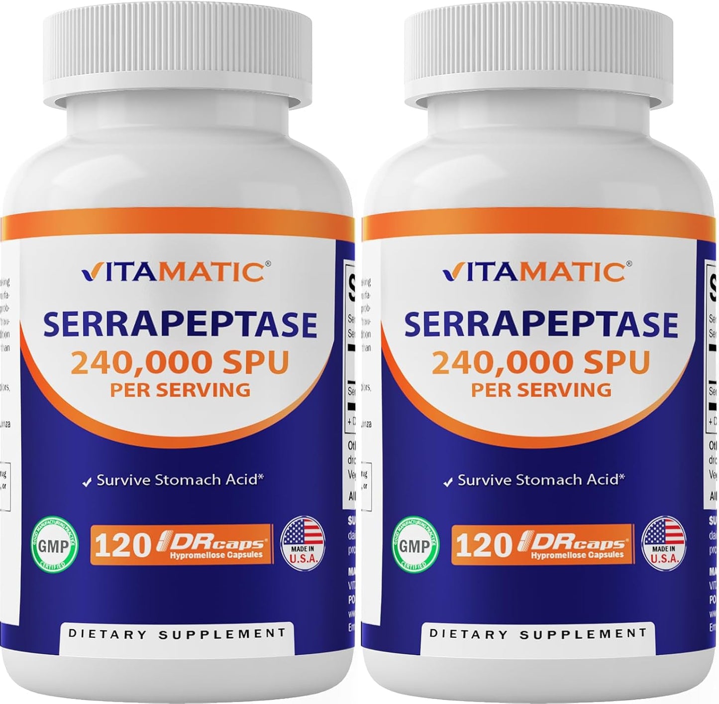 Serrapeptase 240,000 SPU Enteric Coated Capsules, Non-GMO & Gluten Free, Made in USA - 240 Servings (2 Pack)