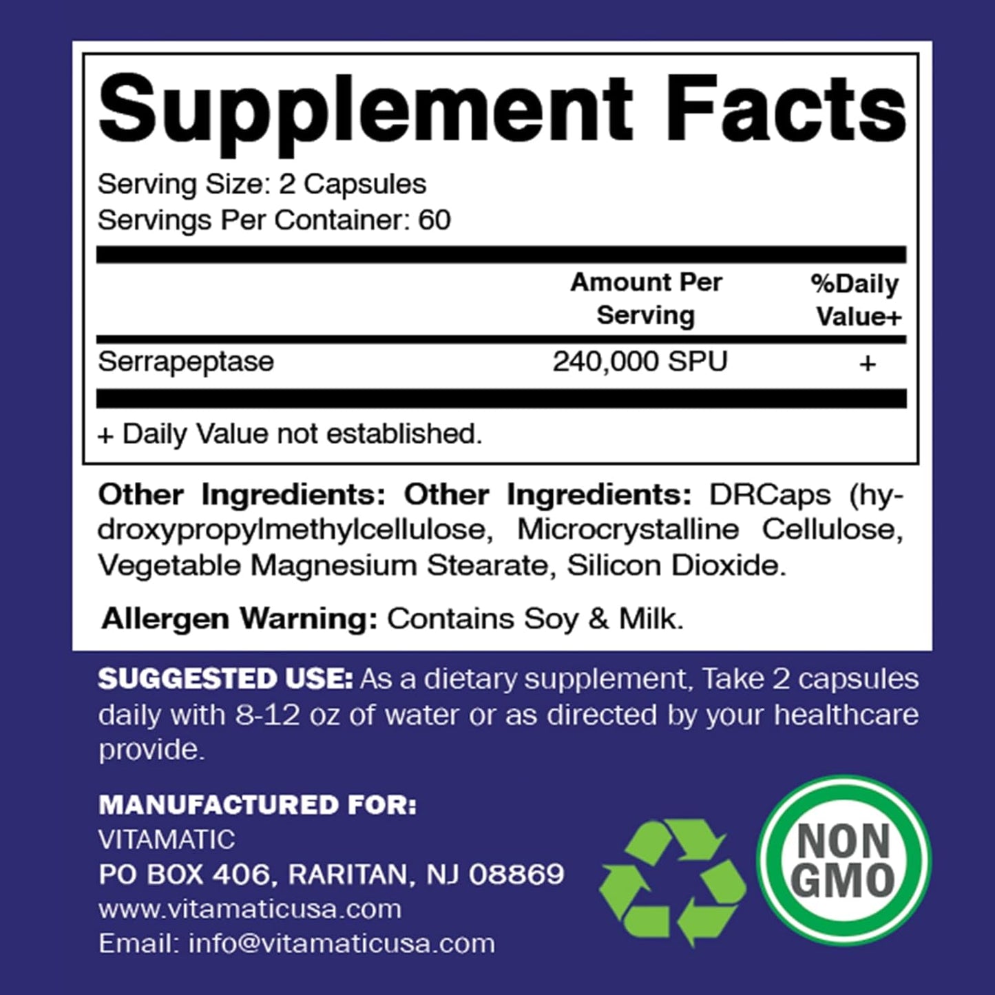 Serrapeptase 240,000 SPU Enteric Coated Capsules, Non-GMO & Gluten Free, Made in USA - 240 Servings (2 Pack)