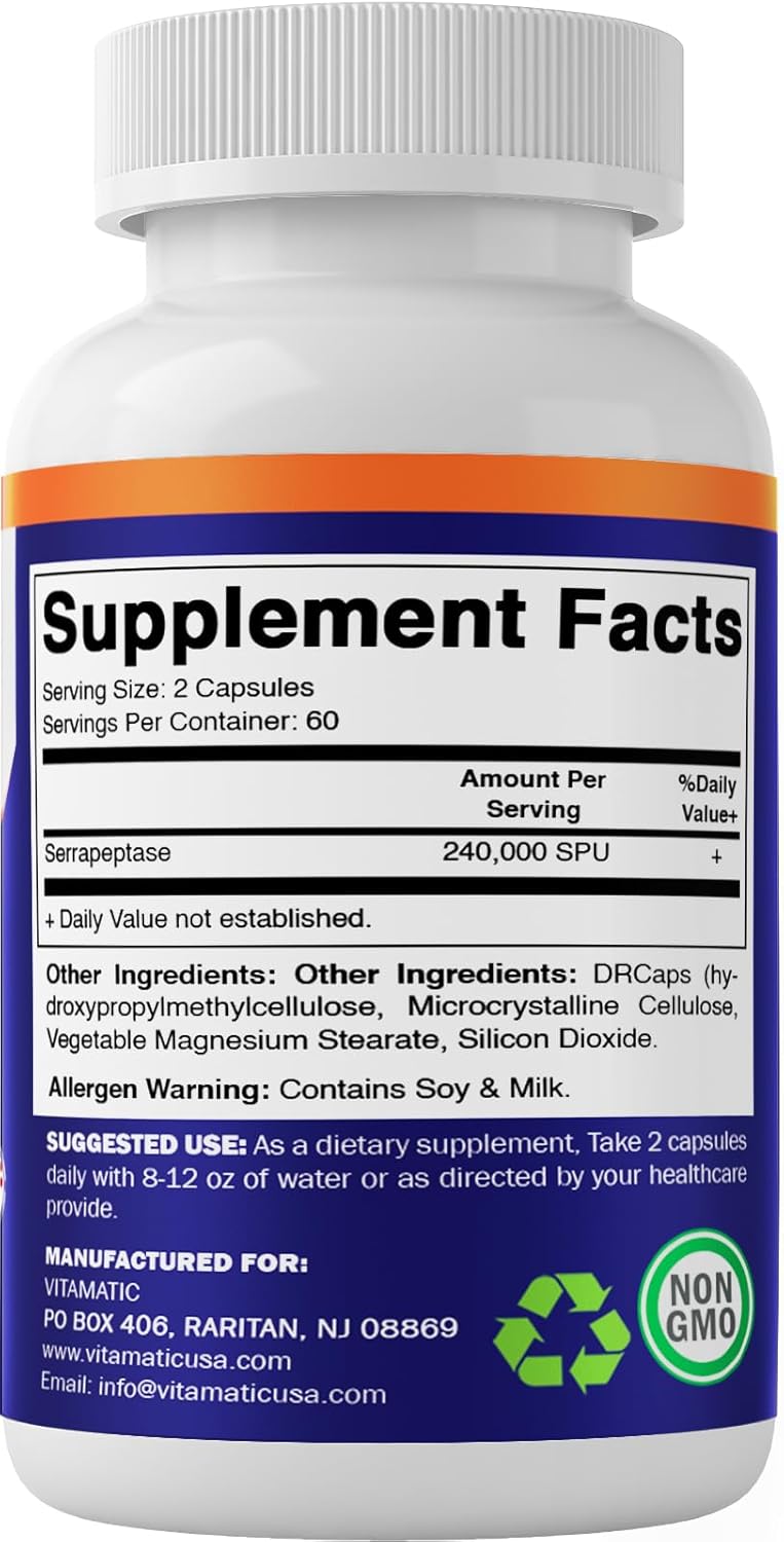 Serrapeptase 240,000 SPU Enteric Coated Capsules, Non-GMO & Gluten Free, Made in USA - 240 Servings (2 Pack)