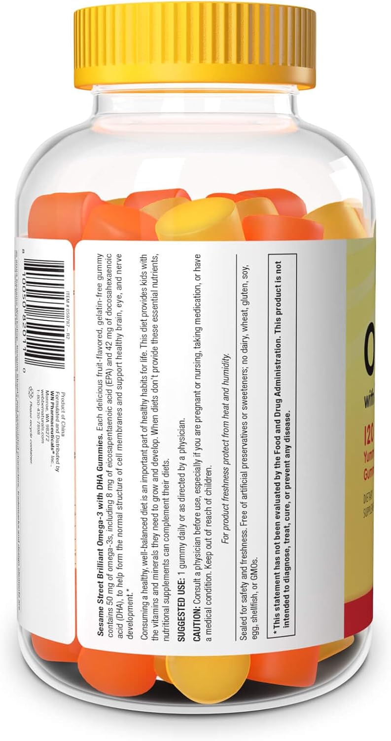 Sesame Street Omega 3 Gummies for Kids - 120 Gummies, 4 Month Supply - Brain & Eye Support - No Fishy Aftertaste