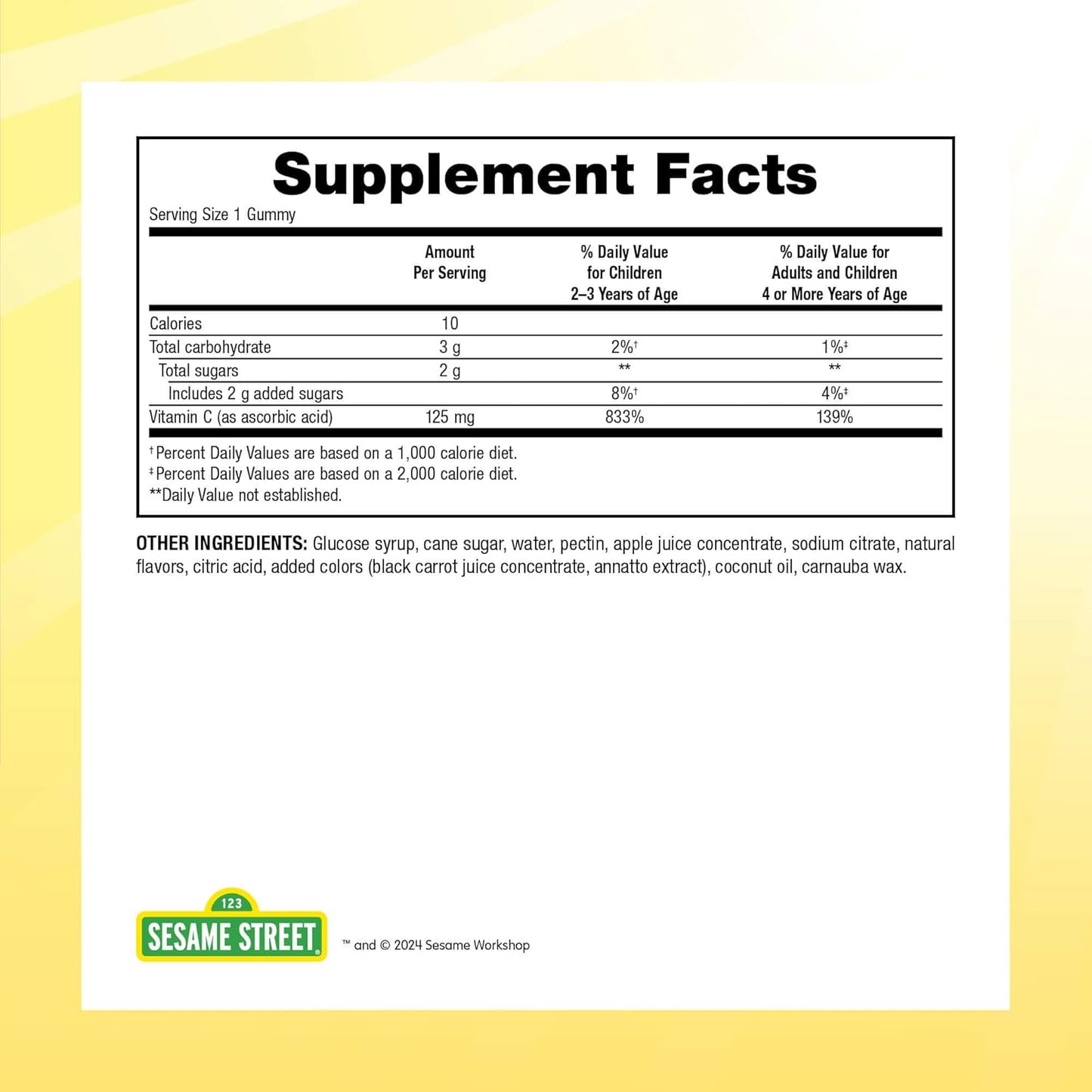 Sesame Street Vitamin C Gummies for Kids - 180 Gummies, 125mg each, 6 Month Supply, Immune Boost