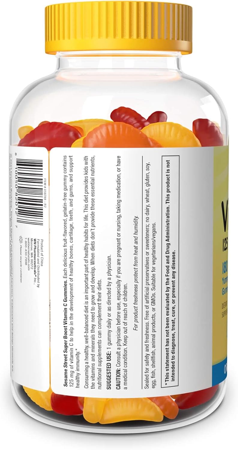 Sesame Street Vitamin C Gummies for Kids - 180 Gummies, 125mg each, 6 Month Supply, Immune Boost
