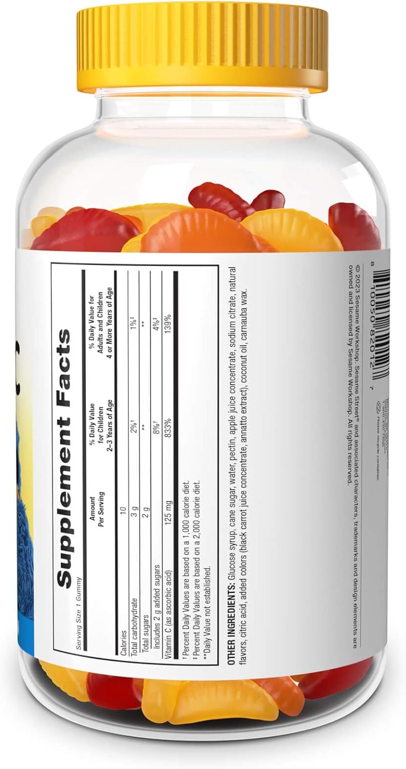 Sesame Street Vitamin C Gummies for Kids - 180 Gummies, 125mg each, 6 Month Supply, Immune Boost
