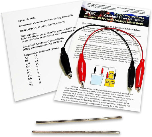 Set of (2) 4-Inch 99.99% Pure 12-Gauge Colloidal Silver Rods with Mini Generator