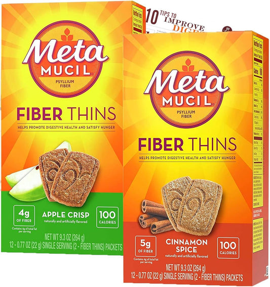 Set of 24 Bleam Fiber Thins Bars for Digestive Health Support - Cinnamon Spice & Apple Crisp Flavors - Meta Fiber Supplement