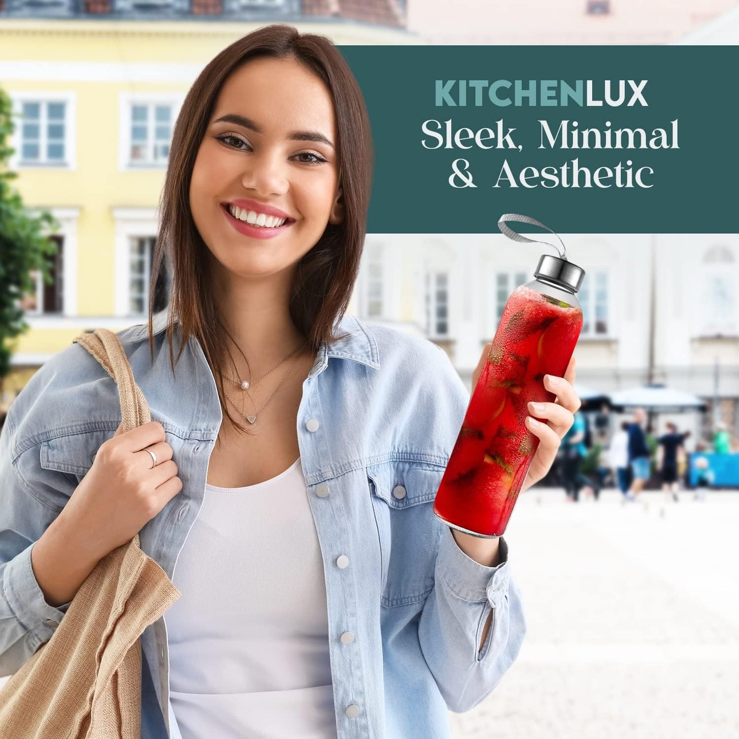 Set of 4 Kitchen Lux 16 oz Glass Water Bottles with Stainless Steel Lids, Carrying Strap, and Protective Sleeves - Reusable and Airtight for Hot/Cold Drinks