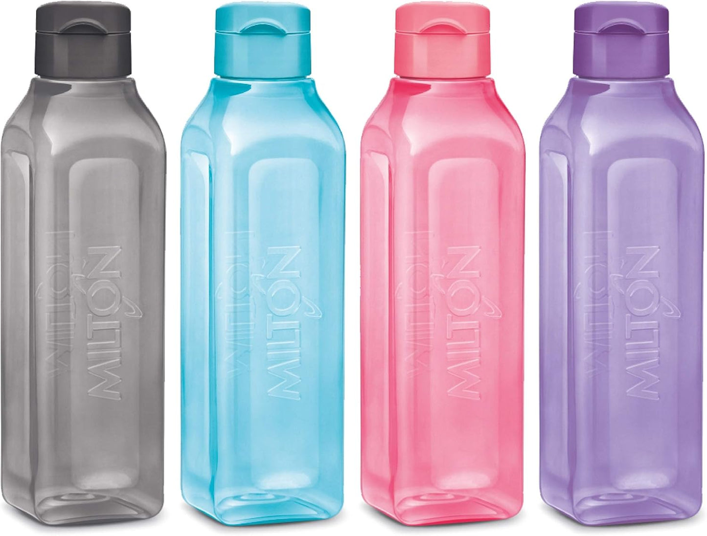 Set of 4 MILTON Square Sports Water Bottles 32 oz - Ideal for Juices, Milk, Smoothies - Leak Proof Wide-Mouth Reusable Bottles with Flip Lid for School, Gym, Lunch Boxes - BPA Free