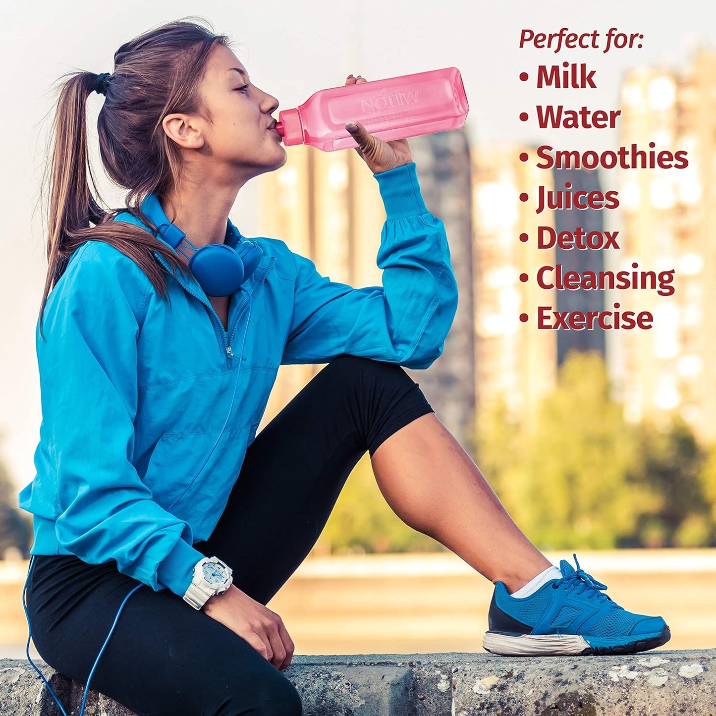 Set of 4 MILTON Square Sports Water Bottles 32 oz - Ideal for Juices, Milk, Smoothies - Leak Proof Wide-Mouth Reusable Bottles with Flip Lid for School, Gym, Lunch Boxes - BPA Free