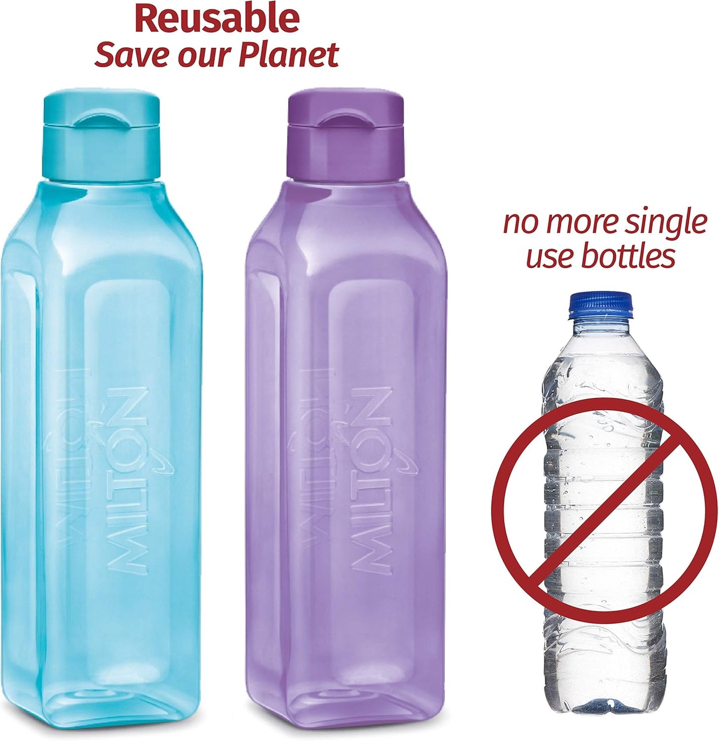 Set of 4 MILTON Square Sports Water Bottles 32 oz - Ideal for Juices, Milk, Smoothies - Leak Proof Wide-Mouth Reusable Bottles with Flip Lid for School, Gym, Lunch Boxes - BPA Free