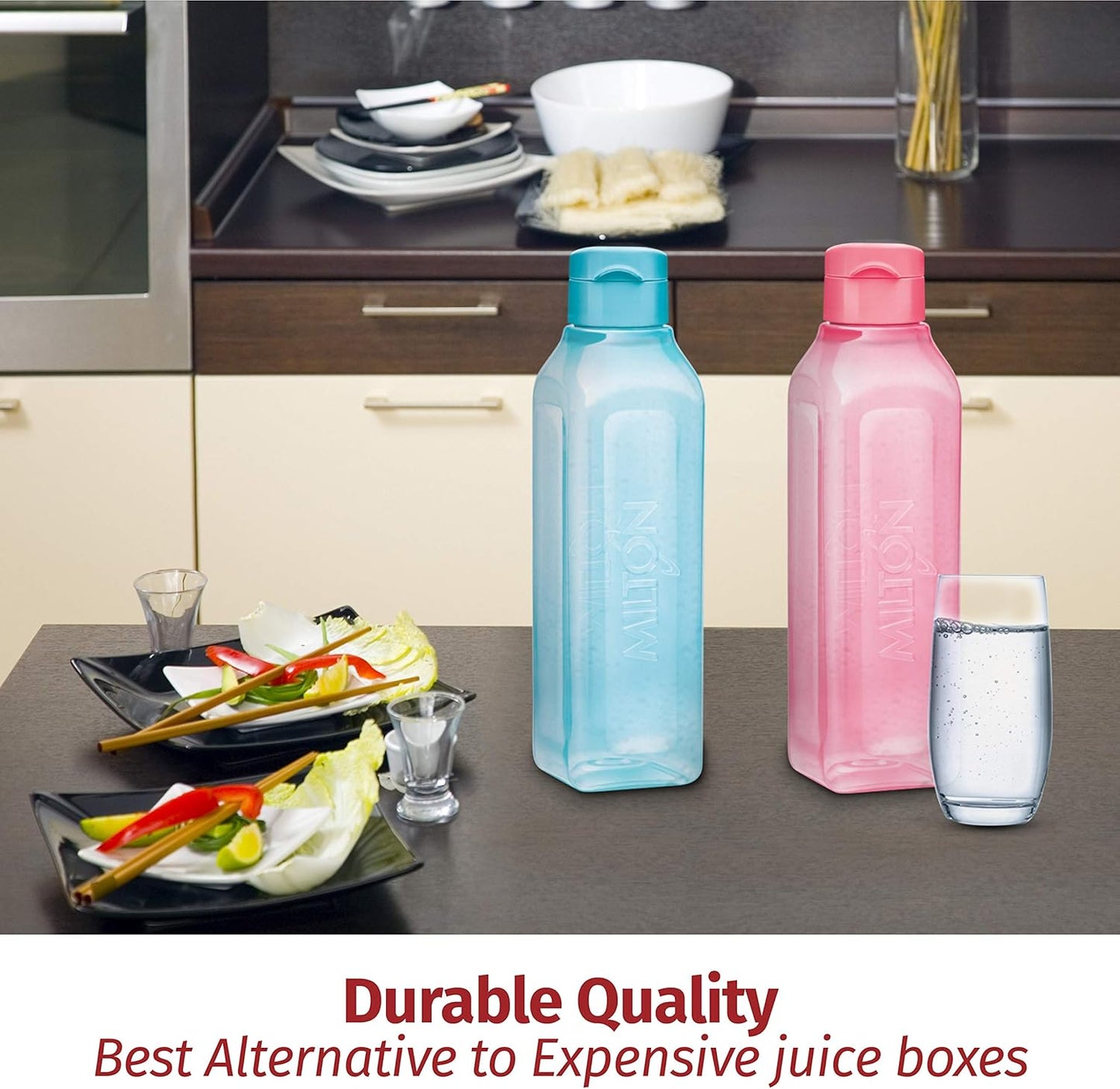 Set of 4 MILTON Square Sports Water Bottles 32 oz - Ideal for Juices, Milk, Smoothies - Leak Proof Wide-Mouth Reusable Bottles with Flip Lid for School, Gym, Lunch Boxes - BPA Free