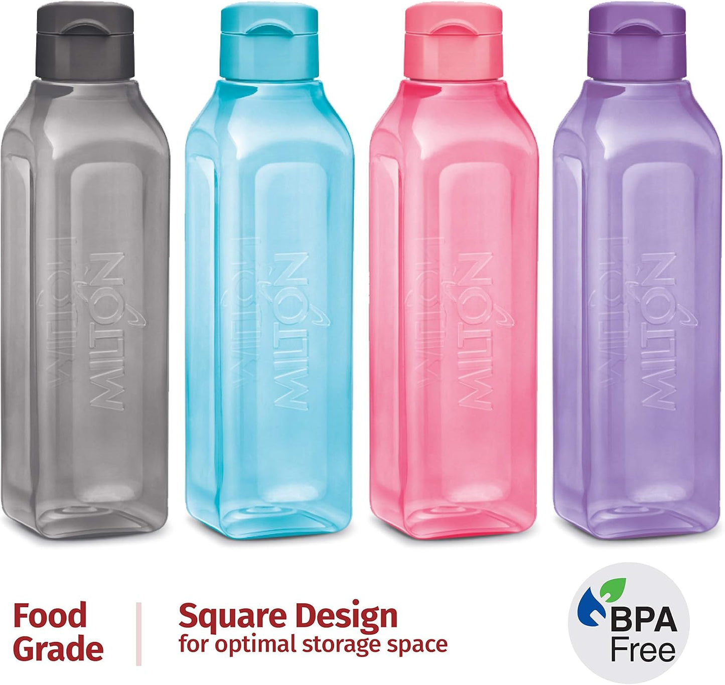 Set of 4 MILTON Square Sports Water Bottles 32 oz - Ideal for Juices, Milk, Smoothies - Leak Proof Wide-Mouth Reusable Bottles with Flip Lid for School, Gym, Lunch Boxes - BPA Free