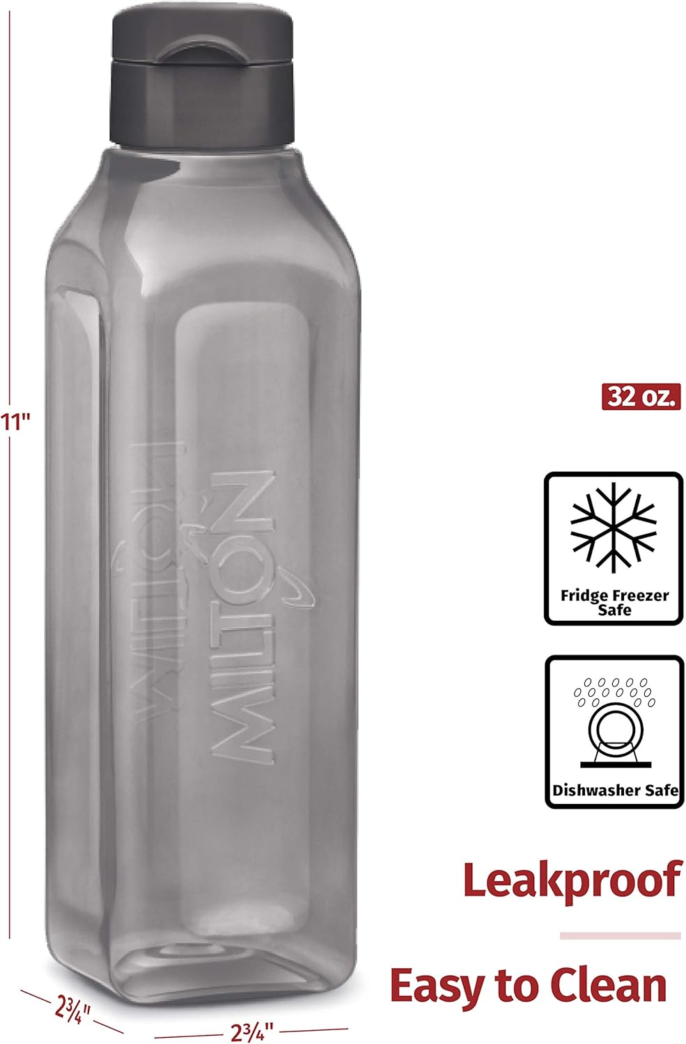 Set of 4 MILTON Square Sports Water Bottles 32 oz - Ideal for Juices, Milk, Smoothies - Leak Proof Wide-Mouth Reusable Bottles with Flip Lid for School, Gym, Lunch Boxes - BPA Free