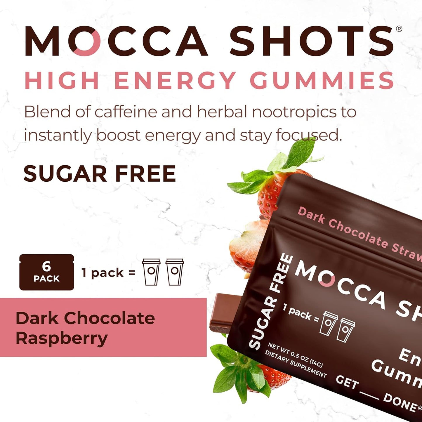 SGC Seattle Gummy Company Strawberry Energy Chews 6-Pack - Sugar-Free, Vegan, Gluten-Free, Nootropic Gummies with 200mg Caffeine
