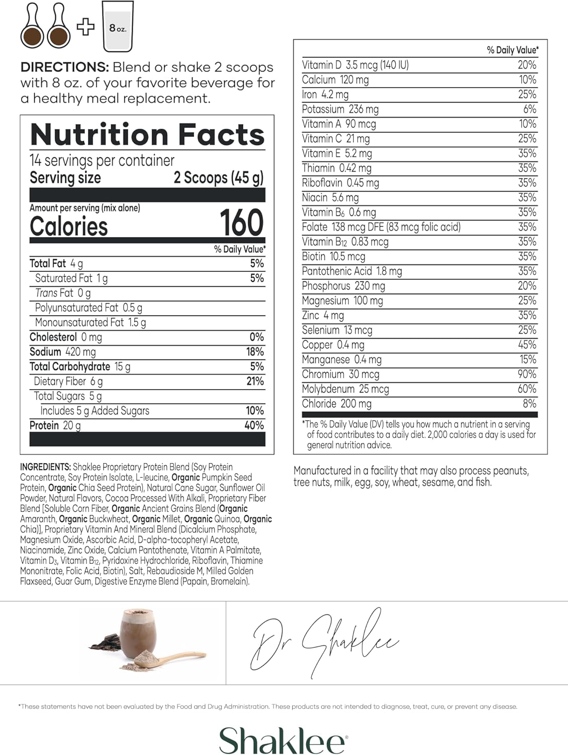 Shaklee Life Shake™ Soy Protein Rich Chocolate - Complete Meal Replacement with 20g Protein, 6g Fiber, 24 Vitamins & Minerals - Non-GMO - 14 Servings