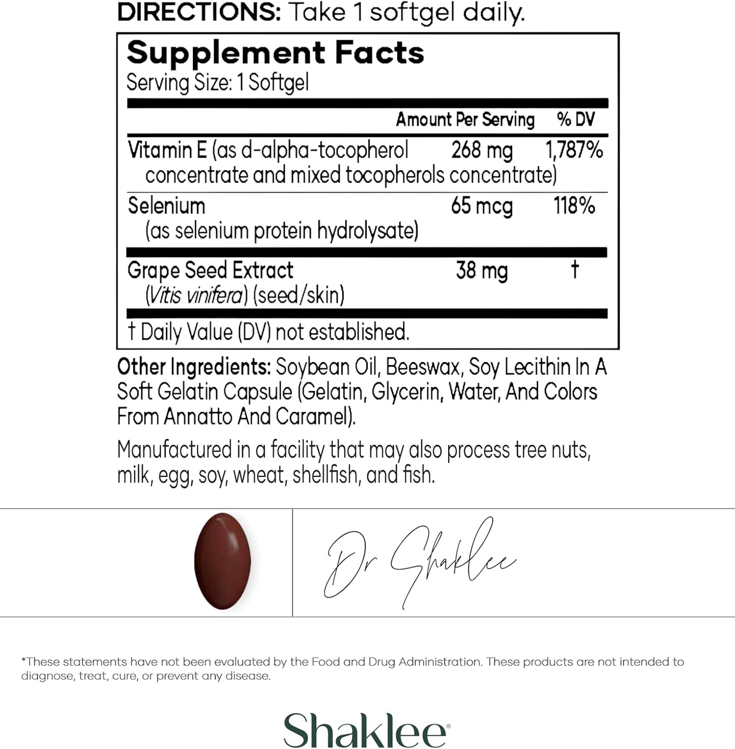 Shaklee Vita-E® 400 IU Tablets with Selenium and Grape Seed Extract - Heart, Brain, and Prostate Health Support - 90 Softgels